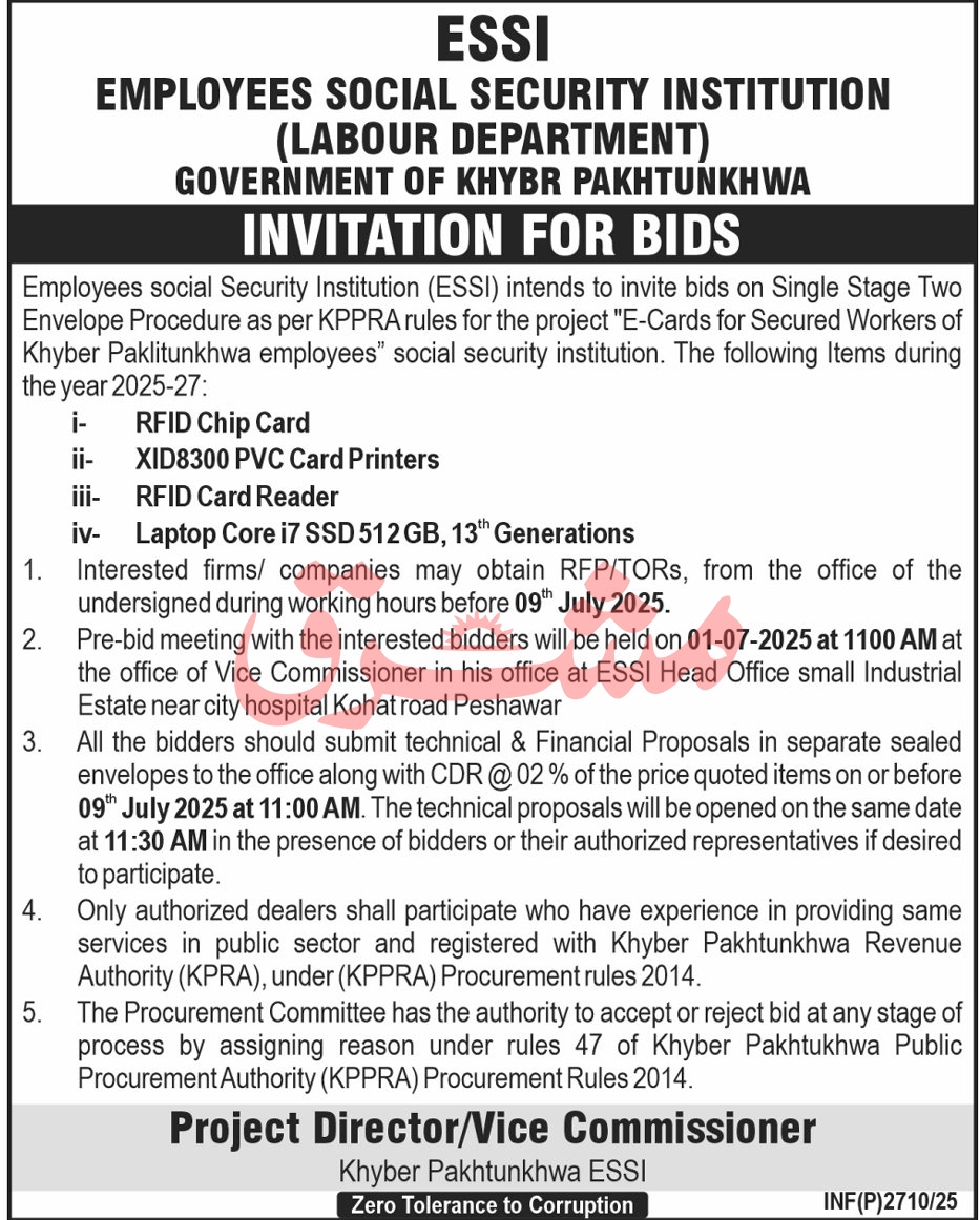 Employees Social Security Institution KPK Tender Notice